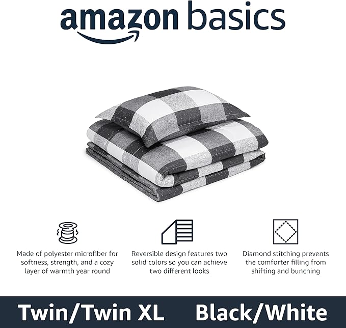 Amazon Basics Lightweight Microfiber Comforter Sets, 2-Pieces, Black/White,Checkerboard,Twin/Twin XL