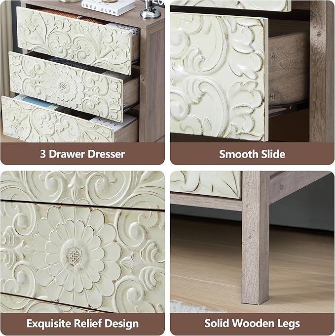 Farmhouse 3 Drawer Dressers for Bedroom, Wide Chest of Drawers with Storage, Vintage French Nightstand Distressed Boho Small Dresser for Hallway Living Room Entryway Office (1, Rustic Brown Gray)