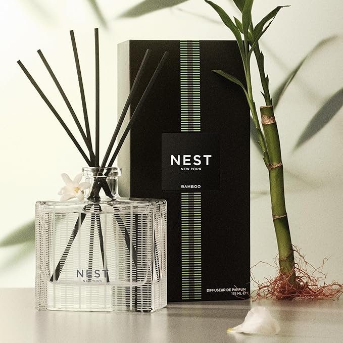 NEST New York Reed Diffuser, Bamboo - 5.9 fl oz - Fragrance for Up to 90 Days - Reusable, Refillable Glass Holder - Includes 8 All-Natural Reed Sticks - Flame Free