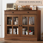 GarveeHome 35.4 in Sideboard Buffet Cabinets with Glass Door, Buffet Cabinet with Storage, Walnut Sideboard Cabinet with Drawer, Modern Buffets & Sideboards for Dining Room, Kitchen