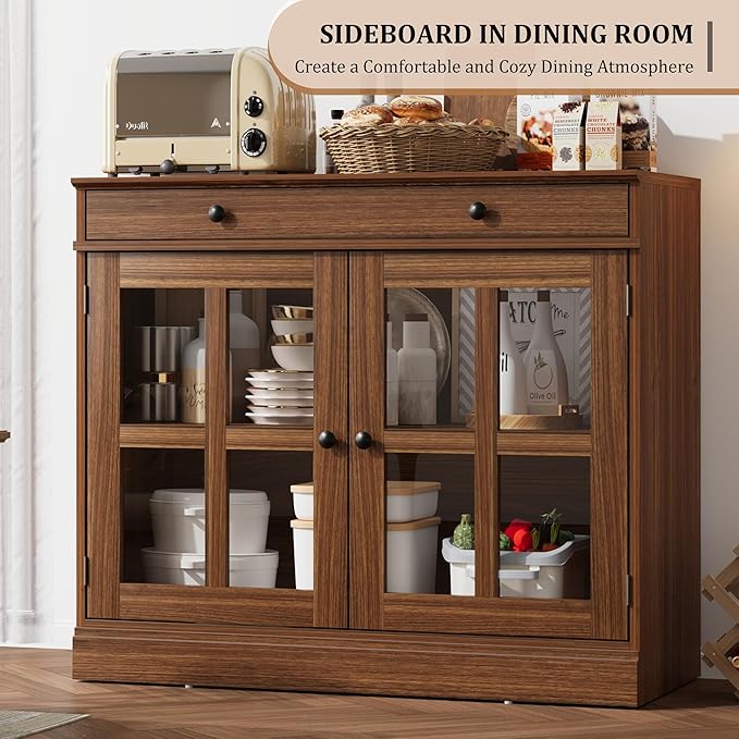 GarveeHome 35.4 in Sideboard Buffet Cabinets with Glass Door, Buffet Cabinet with Storage, Walnut Sideboard Cabinet with Drawer, Modern Buffets & Sideboards for Dining Room, Kitchen