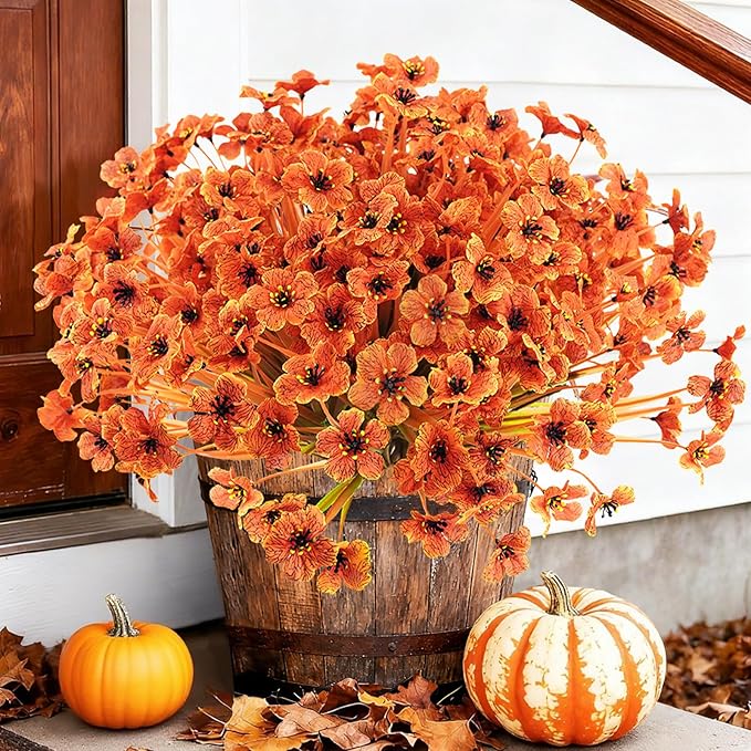 Krissing 48 Bundles Outdoor Artificial Flowers UV Resistant Fake Flowers Faux Plastic Flowers Plants Outside Garden Porch Window Box Fall Decor (Orange)