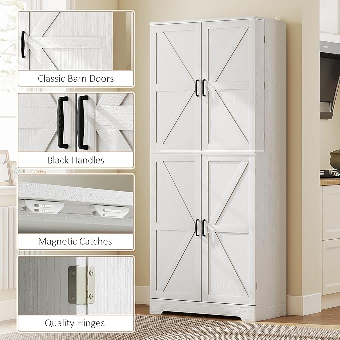 HOMCOM 72" Farmhouse Kitchen Pantry Cabinet, Freestanding Tall Storage Cabinet with 4 Barn Doors, 4 Adjustable Shelves and 8 Door Shelves, Embossed White Wood Grain