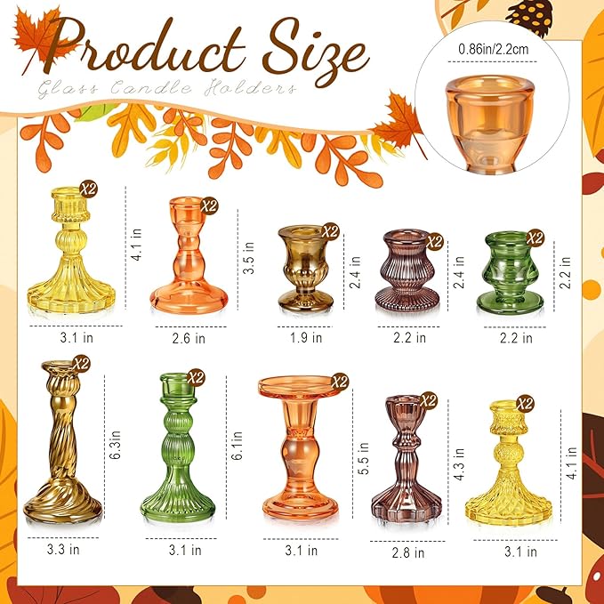 Mumufy 20 Pcs Glass Crystal Taper Candle Holders Clear Glass Candlestick Holder Fit 0.8 Inch Candles Crystal Decorative Candle Stand Centerpiece Table Wedding Dining Party(Fall Color)