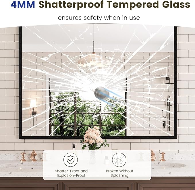 WEER 48X36 Inch Black Bathroom Mirror, Rectangular Framed Mirror for Bathroom, Matte Black Wall Mounted Large Vanity Mirror, Farmhouse Mirror, Tempered Glass, Anti-Rust, Horizontal or Vertical