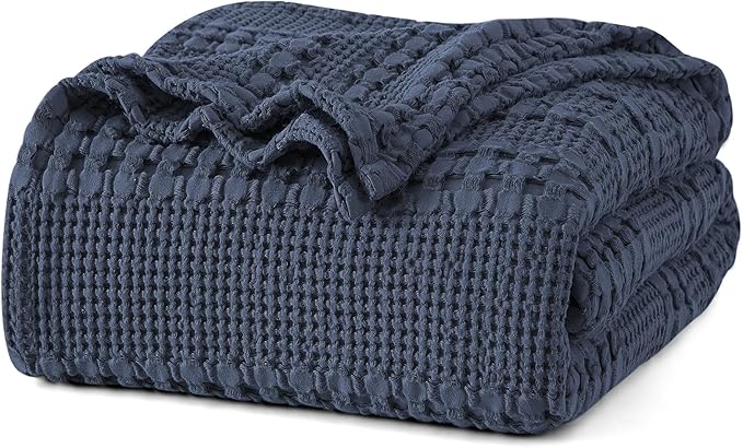 PHF 100% Cotton Waffle Weave Blanket Twin Size, Soft Lightweight Breathable Cozy Summer Blankets for Bed, Luxury Aesthetic Woven Bedding for Home Decor, 66"x90", Dark Navy