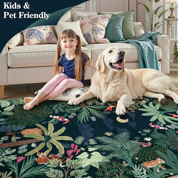 LIVEBOX Washable Jungle Dark Green Rugs 9x12 for Living Room, Stain Resistant Soft Kids Area Rugs for Bedroom, Non-Skid Modern Dining Room Rug Floor Carpet for Playroom Kids Nursery