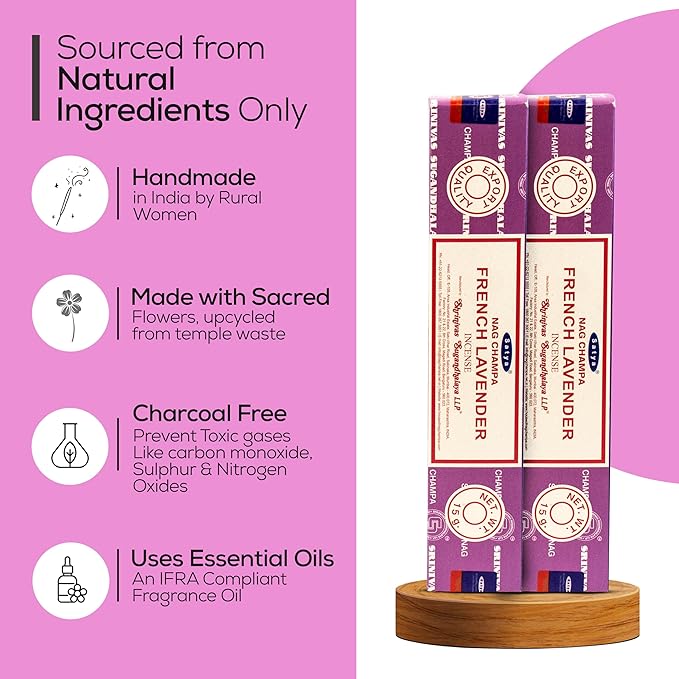 Satya French Lavender Incense Sticks 180 gm (15GM X 12 Pack) from Satya Sai Baba Nag Champa and Raajsee Incense Sticks Holder Bundle, Free from Chemicals,Natural Insenses