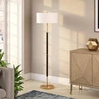 Henn&Hart 2-Light Floor Lamp with Fabric Shade in Matte Black/Brass/White, Floor Lamp for Home Office, Bedroom, Living Room, 61" Tall