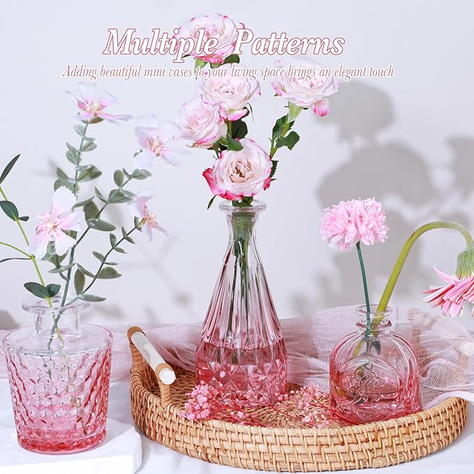 Pink Glass Bud Vases Set of 12, Mini Flower Vase for Centerpieces, Small Vases in Bulk for Wedding Decorations, Vintage Vase for Table, Home Décor