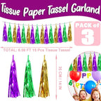 3P Purple Green Gold Foil Fringe Metallic Tassel Streamers Banner Tassel Garland for Parade Floats, Bachelorette, Wedding, Birthday, Halloween, Christmas, Bridal/Baby Shower Party Decorations