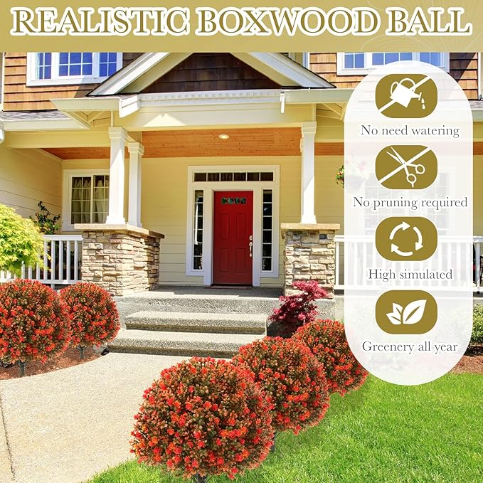 Yunlly Set of 2 Artificial Boxwood Topiary Ball Tree 27" Outdoor Boxwood Balls with Flower Faux Bush UV Resistance Fake Shrub Plant with Spike for Garden Porch Patio Decor(Fall Orange,27x18inch)