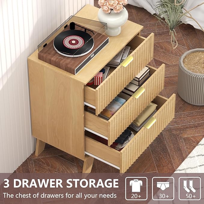 Fluted Dresser for Bedroom,3 Drawer Dresser for Closet,Storage Cabinet and Chest of Drawers with Gold Handle,TV Stand,Storage Organizer for Living Room,Hallway,Entryway,Nature Oak