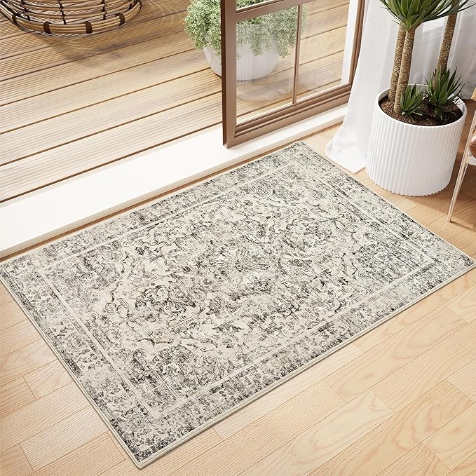 Topllen Entryway Rug - 2'x3' Boho Soft Low Pile Washable Area Rug, Non-Slip Small Rugs Indoor for Front Door Entrance Kitchen Bathroom, Vintage Carpet Stain Resistance (Black, 2x3ft)
