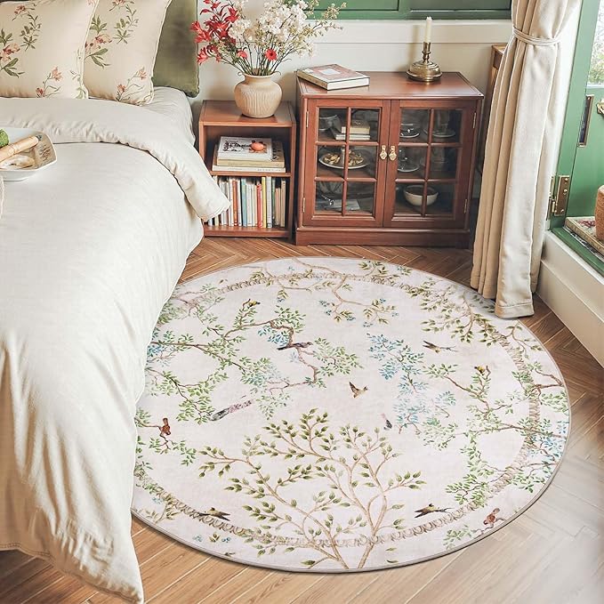 jinchan Round Rugs 5ft Ivory Botanical Birds Print Machine Washable 5' Circle Nature Plants Modern Soft Non Slip Throw Area Rugs Ultra Thin Low Pile Carpet for Entryway Bedroom Kitchen Kids Room