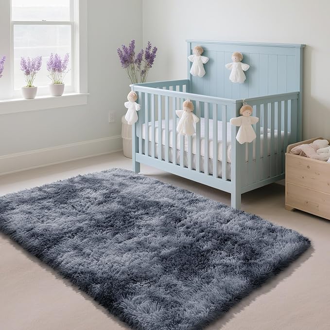 Fluffy Rug Shaggy Area Rug, Mottling Dark Grey 4x6 Area Rugs for Bedroom, Small Bedside Rug, Soft Fluffy Shaggy Entryway Throw Rugs for Living Room Bedroom Kids Room Home Decor