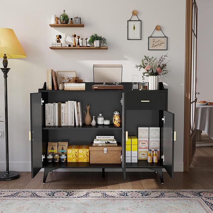Sideboard Buffet Cabinet with Drawers: 47" Black Fluted Sideboard Cabinet with Drawers and 3 Doors, Modern Wood Credenza Storage Cabinet, Large Accent Cabinets for Living Room (47")
