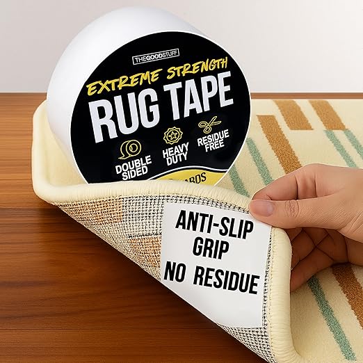 Double Sided Rug Tape [2 Inch x 30 yd] Carpet Tape for Securing Area Rugs to Carpets, Laminate, and Hardwood Floors, Easy to Remove and Restick Without Residue or Damage to Rug or Floor