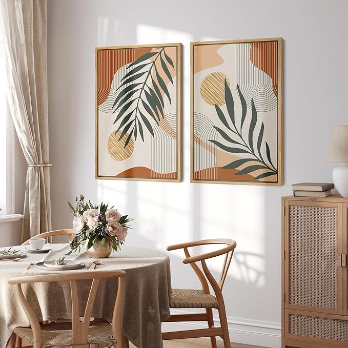 SIGNFORD Framed Canvas Print Wall Art Mid-Century Palm Leaf and Geometry Symbols Abstract Shapes Illustrations Modern Boho Nature Colorful Chic for Living Room, Bedroom, Office - 24"x36"x2 Natural