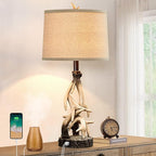 28" Farmhouse Table Lamp for Living Room, Western Rustic Lamp with USB Charging Ports Country Cabin Bedside Antler Lamps for Bedroom Foyer Office Vintage Rotary Control Single Brown- Bulb Not Included