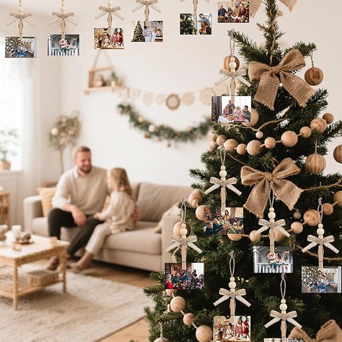 24 Pcs Christmas Hanging Photo Display Clips Boho Wooden Bead Photo Clips for Christmas Tree Decor Hanging Card Picture Display Holder for Xmas Holiday Wedding Party Decoration