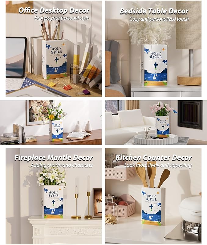 Bible Blessings Summer Flower Vase - Modern Ceramic Book-Shaped Vase for Flowers - Christian Desk Decor for Prayer Room, Dining Table, Coffee Table, Entryway Console, Religious Gifts(Blue Summer, XL)