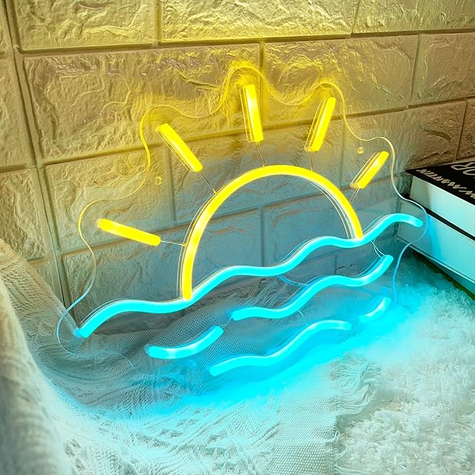Sunset Sunrise Neon Sign Sun on The Sea Neon LED Light Sign for Wall Decor Wave Neon Light up Sign Beach Home Decor Aesthetic for Teen Girls Bedroom Game Room Decor Ocean Sun Night Light Wedding