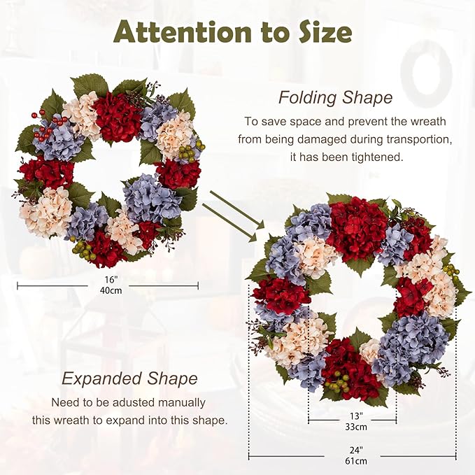 Fall Wreaths for Front Door, 24 inch Autumn Wreath with Hydrangeas Berries Large Fall Door Wreath Artificial Hydrangea Flowers Wreaths Autumn Decorations for Farmhouse Thanksgiving Harvest Door Wall