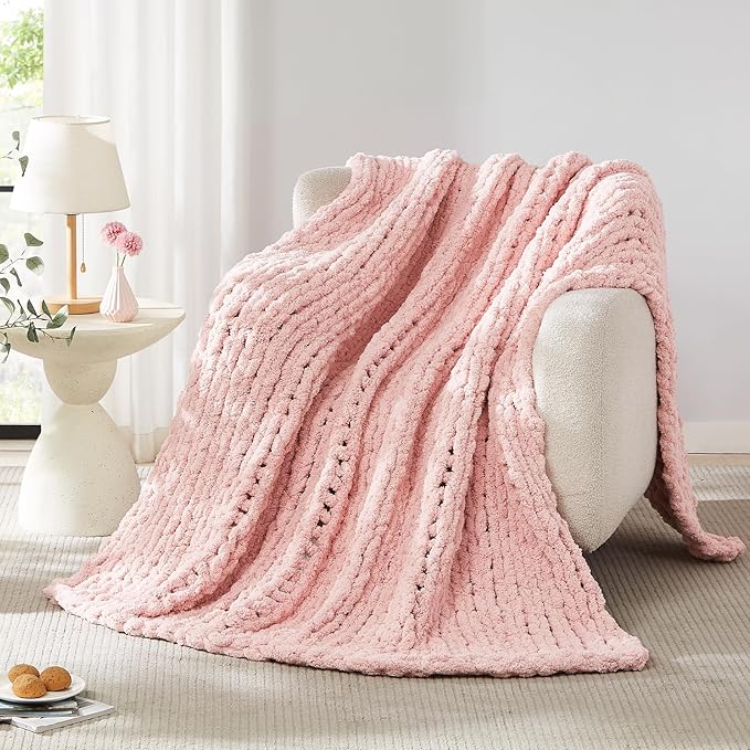 L'AGRATY Chunky Knit Blanket Throw - Soft Chenille Yarn Throw Blanket 50x60: Handmade Thick Cable Knit Crochet Blanket - Large Knit Blanket Chunky Rope Knot Throw Blanket for Couch Sofa Bed Home Decor