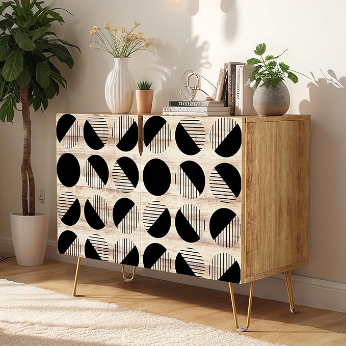 SIGNWIN Sideboard Buffet Cabinet, Kitchen Storage Cabinet with 2 Doors, Geometric Circle Duotone Patterns, Cupboard Console Table for Dining Room - 35" L x 18" W x 29" H