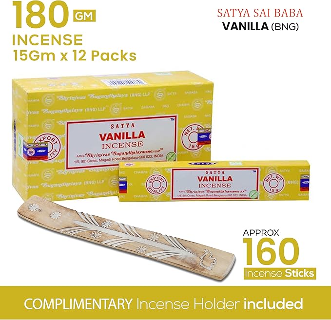 Satya Vanilla Incense Sticks - Bng 15gmx12 Pack With Raajsee Incense Holder Bundle - Nagchampa Natural