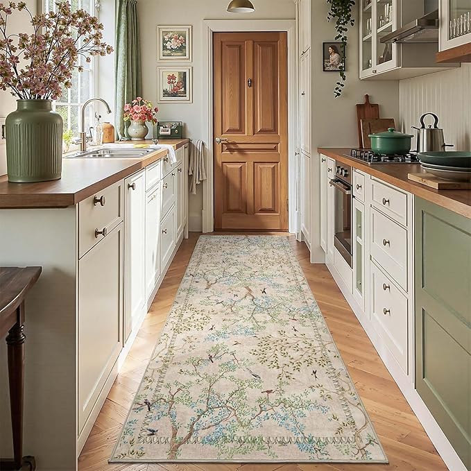 jinchan Beige Botanical Birds 3x8 Runner Rug for Hallway - Washable Non-Slip Soft Nature Plants Modern Kitchen Runner Carpet Vintage Ultra-Thin Low Pile Rug for Entryway Living Room Kitchen Laundry