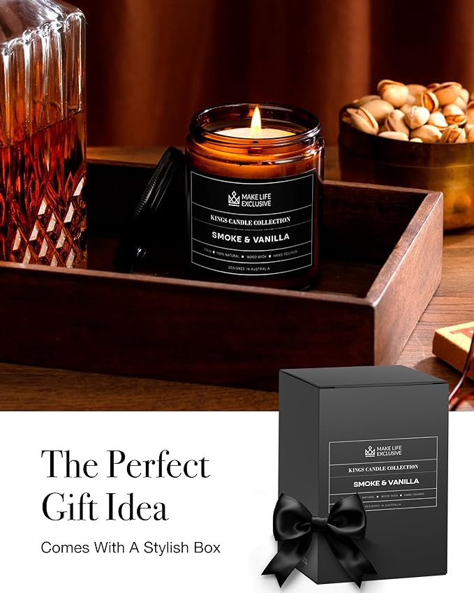 Scented Candles for Men | Smoke and Vanilla, Tobacco and Vanilla |Wooden Wick, Long Lasting, Masculine Scents | Natural Soy Jar Candle for Home, Bachelor Pad Decor | The Perfect Mens Gift