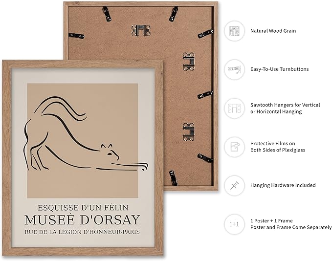 Poster Master Vintage Poster - Retro Minimalist Print - Gift for Artist, Housewarming - Cat, Line Drawing, Sketch, Abstract - Wall Decor for Living Room, Bedroom, 8x10 Beige Framed