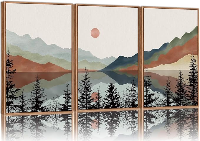 Tinonedraw Boho Mountain Framed Canvas Wall Art Set, Watercolor Nature Landscape Wall Decor, Black Pine Trees Forest Artwork, Neutral Modern Sunrise Art Prints for Living Room Bedroom Office 24"x36"x3