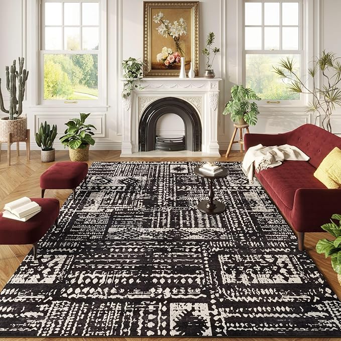 Rugcomf Area Rugs 8x10 Rug for Living Room Clearance Washable Boho Area Rug Non Slip Moroccan Vintage Low Pile Large Rug for Living Room, Bedroom, Farmhouse, Dining Room, Kids Playroom(Black)