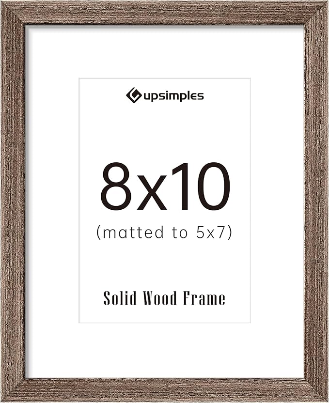 upsimples 8x10 Picture Frame, Natural Solid Wooden Picture Frames, Display 5x7 with Mat or 8 x 10 Without Mat, Wall or Tabletop, 1 Pack, Brown
