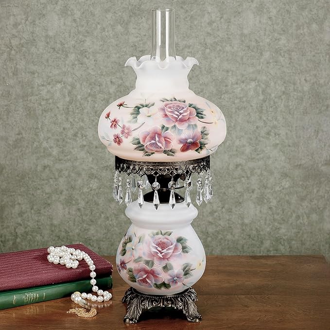 Touch of Class Beatrice Hurricane Rose Table Lamp Pink - Victorian Style - Crystal Beads, Glass - Floral Aesthetic, Roses - Electric - Vintage Antique Parlor Lamps for Home Desk, Bedroom