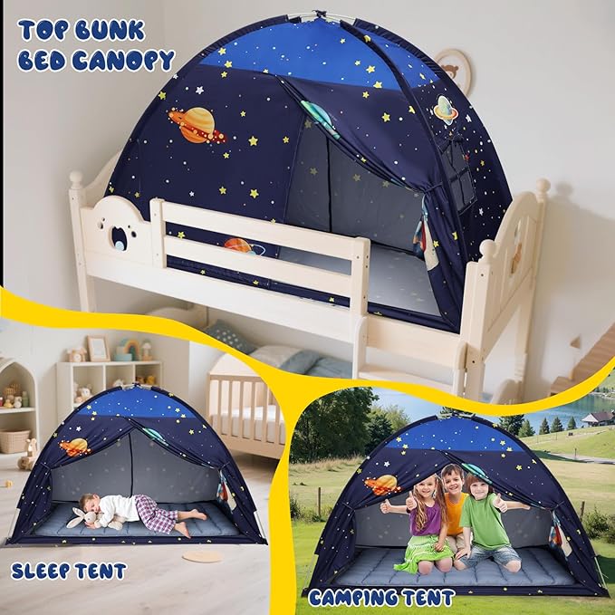 Twin Bed Tent Canopy, Space Indoor Blackout Privacy Toddler Bed Tent for Kids with Light, Portable Sleeping Floor Kids Playhouse (Blue)