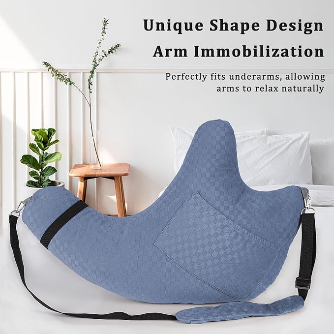 Shoulder Surgery Pillow, Rotator Cuff Pillow for Side Sleeper, Shoulder Pain Relief Removable with Shoulder Strap Support Arm Pillow for Side Sleep and Post Surgery (Light Blue)