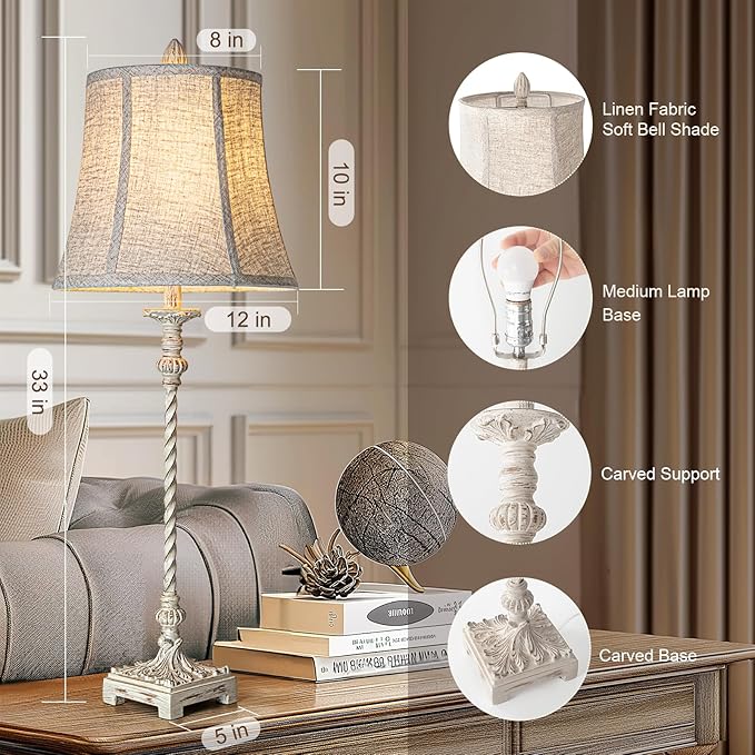 LuxSight European Country Vintage Style Candle Stick Buffet Table Lamps Set of 2, 33'' Tall Ivory White Linen Fabric Soft Bell Shade Stepless Dimming for Living Room Bedroom Dinning House Study Room