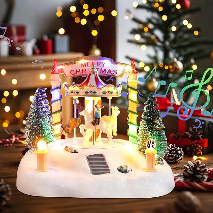 Bdor Christmas Carousel Tabletop Decoration – Lighted Musical Merry-Go-Round with Reindeer and Trees – Battery Operated Christmas Scene – 7.5"x5.5"x6" Holiday Centerpiece with LED Lights and Music