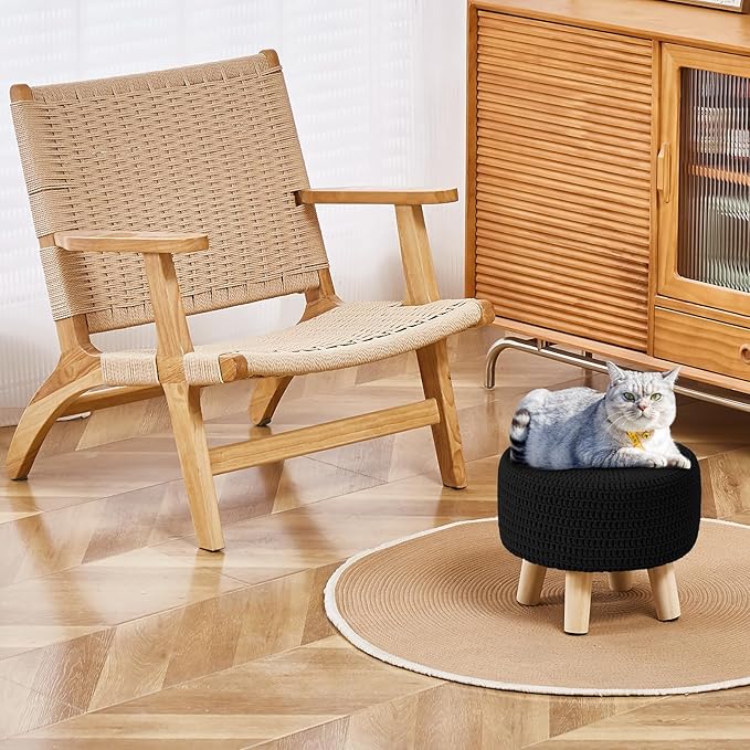 Wimarsbon Small Ottomans, 100% Hand Knitted Pouf Ottoman, Round Footrest with 4 Non-Skid Wood Legs, Boho Décor Cotton Rope Pouffe, Leisure Floor Step Chair for Living Room (Black)