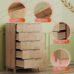 WLIVE Fluted Dresser for Bedroom with 5 Drawers, 46.26" Tall Wood Dresser with Golden Metal Handles, Mid Century Modern Chest of Drawers for Living Room, Hallway, Closet, Natural Oak