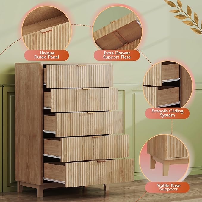 WLIVE Fluted Dresser for Bedroom with 5 Drawers, 46.26" Tall Wood Dresser with Golden Metal Handles, Mid Century Modern Chest of Drawers for Living Room, Hallway, Closet, Natural Oak