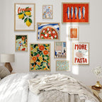 Kitchen Wall Decor Natural Oak Framed Wall Art, 10 pcs of Food Prints for Dining Room Wall Decor, Colorful Pasta and Fruit Wall Pictures for Decoration