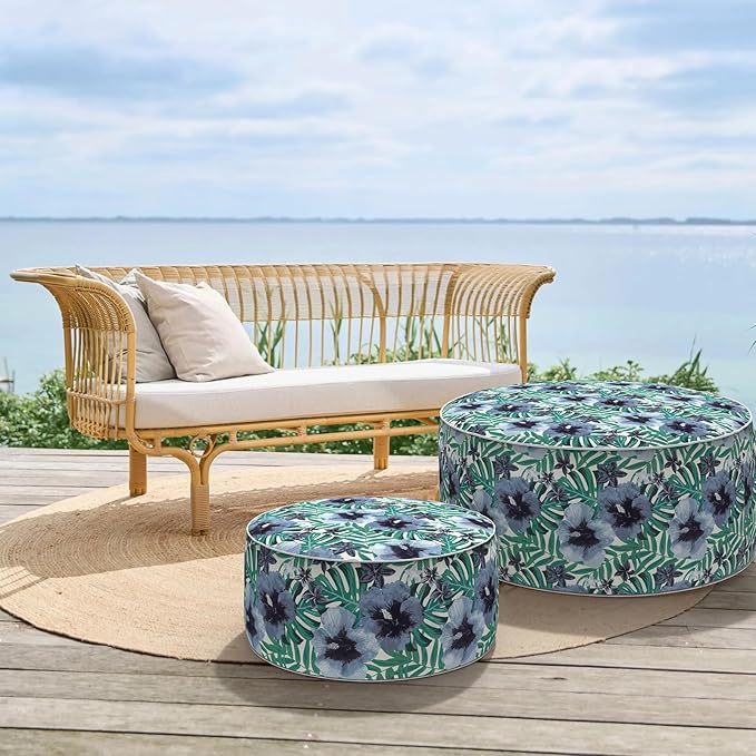 Inflatable Ottoman Stool D31 xH14 for Outdoor/Indoor Use, Water Repellent Patio Foot Rest with Portable Handle,Round Pouf Ottoman Suitable for Garden,Deck and Camping - Blue Salmone Tropical