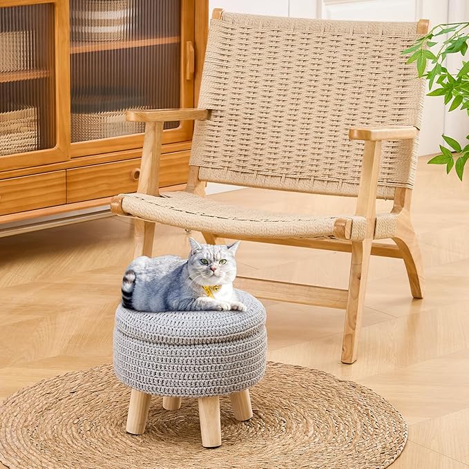 Wimarsbon Pouf Ottoman, 100% Cotton Knitted Boho Footstool, Round Footrest with Non-Skid Wood Legs, Home Décor Handmade Pouffe, Leisure Floor Step Stool for Living Room (Storage Grey)