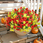 Artificial Mums for Outdoors Fake Fall Flowers Plants for Autumn Decoration, 12 Bundles Silk Morning Glory with Eucalyptus Look Real UV Resistant Faux Mums for Outside Planters Yard Patio Porch, Mix