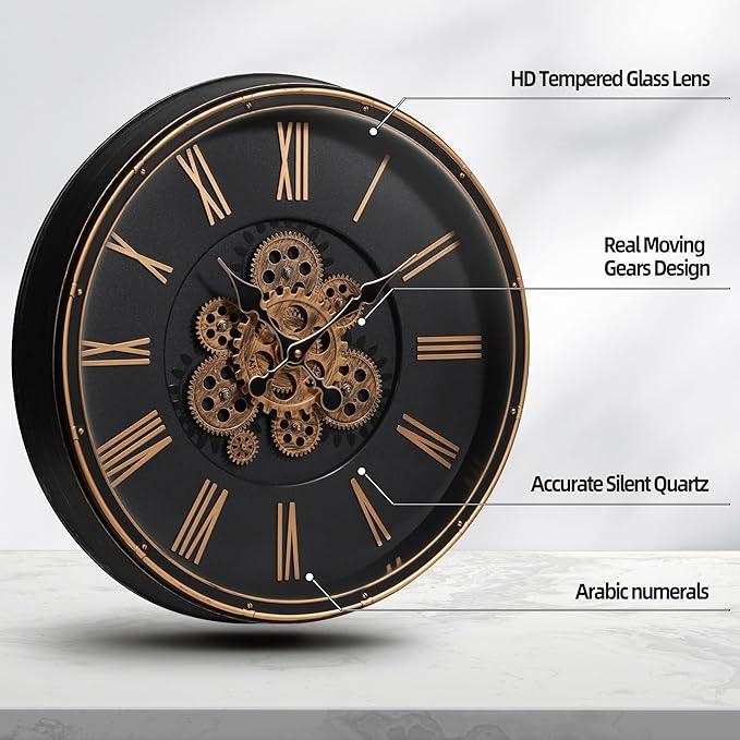 Maxstar Large Moving Gear Wall Clock,20" Vintage Mechanical Battery Operated Industrial Wall Clocks for Farmhouse Living Room,Home Office, Dinning Room, Kitchen, Steampunk Decor-Gold,Roman Numeral